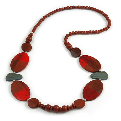 Geometric Painted Wooden Bead Long Necklace in Brown, Red, Grey - 90cm L - main view