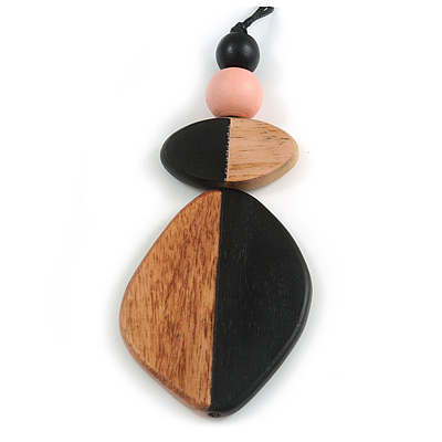 Dusty Pink/ Black Geometric Wood Pendant Black Waxed Cotton Cord - 80cm L Max/ 13cm Pendant - main view