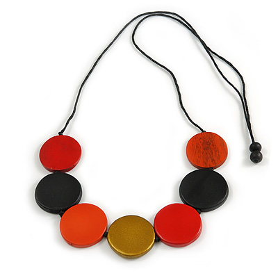 Multicoloured Wood Coin Bead Black Cotton Cord Necklace - 96cm L (Max Length) Adjustable - main view