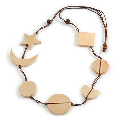 Long Moon and Star Wooden Bead Cotton Cord Necklace in Natural - 88cm Max/ Adjustable - main view