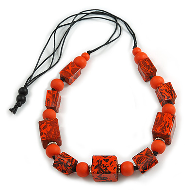 Chunky Orange with Animal Print Cube and Ball Wood Bead Cord Necklace - 90cm Max - main view