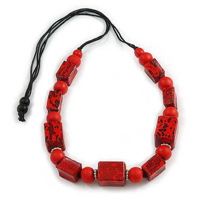 Chunky Red with Animal Print Cube and Ball Wood Bead Cord Necklace - 90cm Max - main view