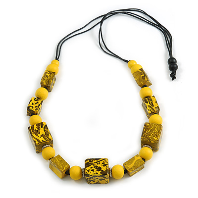 Chunky Yellow with Animal Print Cube and Ball Wood Bead Cord Necklace - 90cm Max - main view
