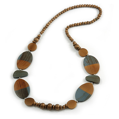 Geometric Painted Wooden Bead Long Necklace in Brown, Grey - 90cm L