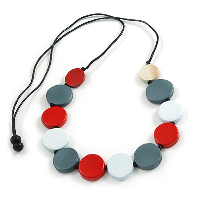 Red/White/Grey Wooden Coin Bead Black Cotton Cord Necklace/ 86cm Max Lenght/ Adjustable - main view