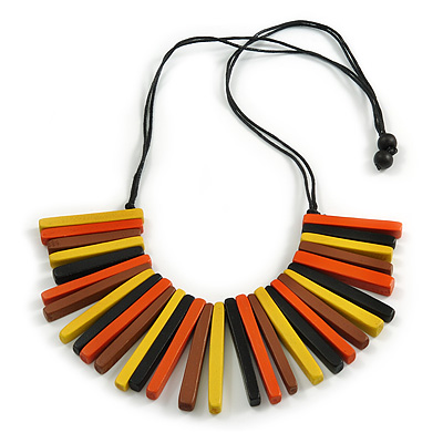 Statement Orange/ Black/ Yellow/ Brown Wood Bead Fringe Necklace with Black Cotton Cords/ 74cm L