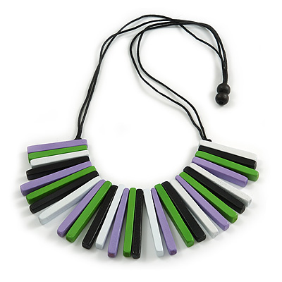 Statement Green/Lilac/White/Black Wood Bead Fringe Necklace with Black Cotton Cords/ 74cm L - main view