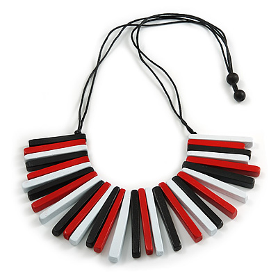 Statement Black/ White/ Red Wood Bead Fringe Necklace with Black Cotton Cords/ 74cm L - main view