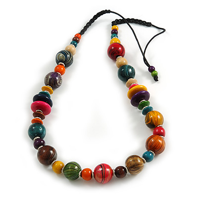 Multicoloured Round and Button Wood Bead Cotton Cord Necklace/ 80cm L/ Adjustable - main view