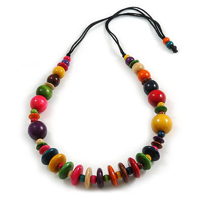 Multicoloured Round and Button Wood Bead Cotton Cord Necklace/ 86cm L/ Adjustable - main view