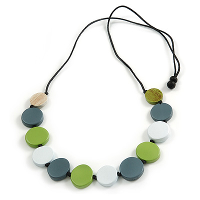 Green/White/Grey Wooden Coin Bead Black Cotton Cord Necklace/ 86cm Max Lenght/ Adjustable - main view