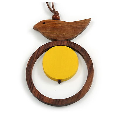 Brown/ Yellow Bird and Circle Wooden Pendant Cotton Cord Long Necklace - 84cm L/ 10cm Pendant