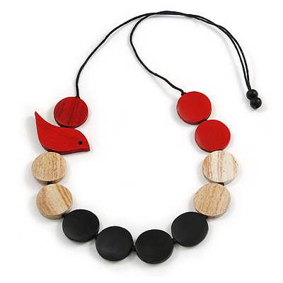 Red/Black/Antique White Wooden Coin Bead and Bird Black Cotton Cord Long Necklace/ 96cm Max Length/ Adjustable - main view