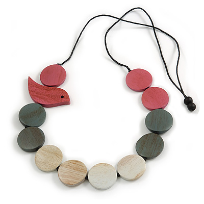 Pink/Grey/Antique White Wooden Coin Bead and Bird Black Cotton Cord Long Necklace/ 96cm Max Length/ Adjustable - main view