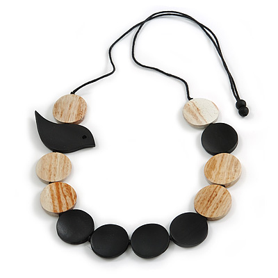 Black/ Antique White Wooden Coin Bead and Bird Black Cotton Cord Long Necklace/ 96cm Max Length/ Adjustable - main view