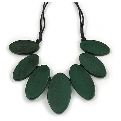 Leaf Painted Dark Green Wood Bead Cotton Cord Necklace/70cm Max Length/ Adjustable
