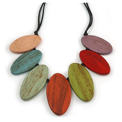 Leaf Painted Multicoloured Wood Bead Cotton Cord Necklace/70cm Max Length/ Adjustable - main view