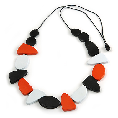 Geometric Wood Bead Black Cotton Cord Long Necklace In Orange/Black/White/ 110cm L/ Adjustable