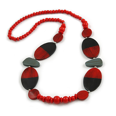 Geometric Painted Wooden Bead Long Necklace in Red, Black, Grey - 90cm L - main view