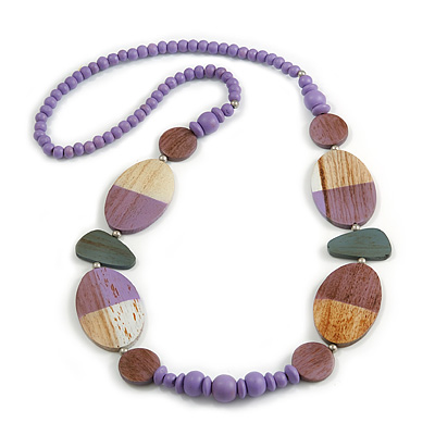 Geometric Painted Wooden Bead Long Necklace in Lilac, Antique White, Grey - 90cm Long - main view