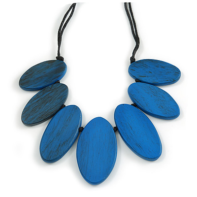 Leaf Painted Blue Wood Bead Cotton Cord Necklace/70cm Max Length/ Adjustable - main view