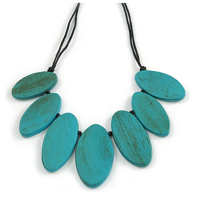 Leaf Painted Turquoise Wood Bead Cotton Cord Necklace/70cm Max Length/ Adjustable