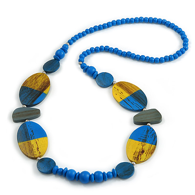 Geometric Painted Wooden Bead Long Necklace in Blue, Yellow, Grey - 90cm Long - main view