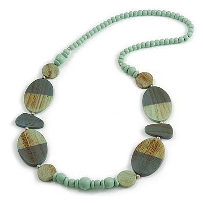 Geometric Painted Wooden Bead Long Necklace Mint, Grey - 90cm Long