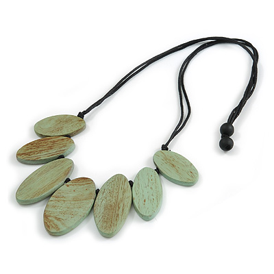 Leaf Painted Antique Mint Wood Bead Cotton Cord Necklace/70cm Max Length/ Adjustable