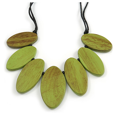 Leaf Painted Lime Green Wood Bead Cotton Cord Necklace/70cm Max Length/ Adjustable - main view