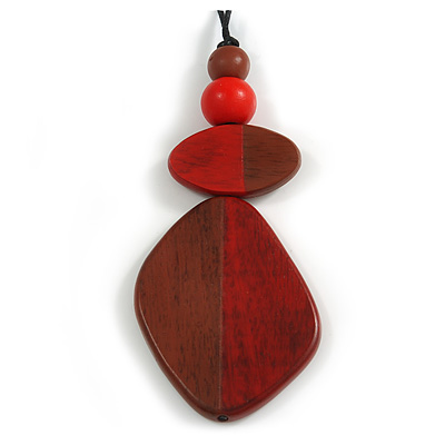 Red/Brown Geometric Wood Pendant Black Waxed Cotton Cord - 80cm L Max/ 13cm