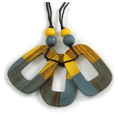 O-Shape Yellow/ Grey Painted Wood Pendant with Black Cotton Cord - 90cm L/ 8cm Pendant