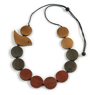 Dark Grey/Brown/Bronze Wooden Coin Bead and Bird Black Cotton Cord Long Necklace/ 96cm Max Length/ Adjustable
