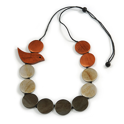 Dark Grey/Metallic Silver/Copper Wooden Coin Bead and Bird Black Cotton Cord Long Necklace/ 96cm Max Length/ Adjustable - main view