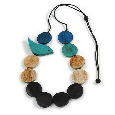Multicoloured Wood Coin Bead/ Bird Black Cotton Cord Long Necklace/ 96cm Max Length/ Adjustable - main view