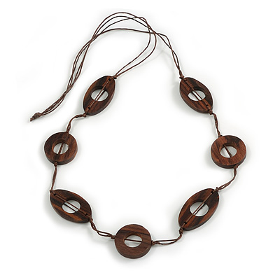 Oval/ Round Brown Wooden Bead with Brown Cotton Cord Necklace - 84cm L - main view