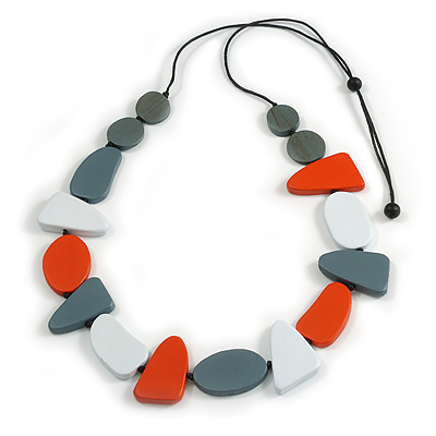 Geometric Wood Bead Black Cotton Cord Long Necklace In Orange/Grey/White/ 110cm L/ Adjustable - main view