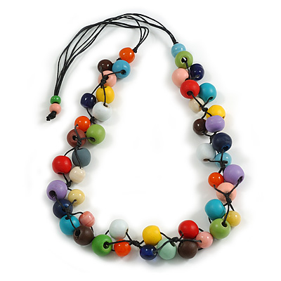 Multicoloured Round Ceramic/ Wood Bead Cotton Cord Necklace - 90cm Max Length Adjustable - main view