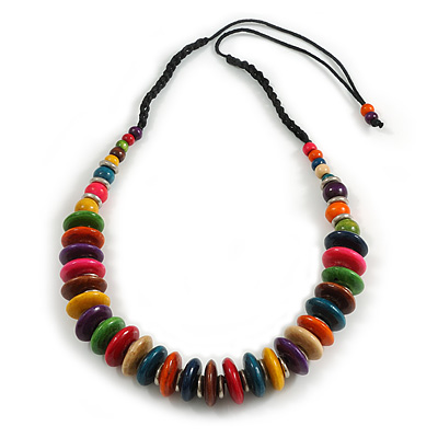 Round/ Button Multicoloured Wood Bead Black Cotton Cord Necklace - 84cm L Max Length (Adjustable) - main view