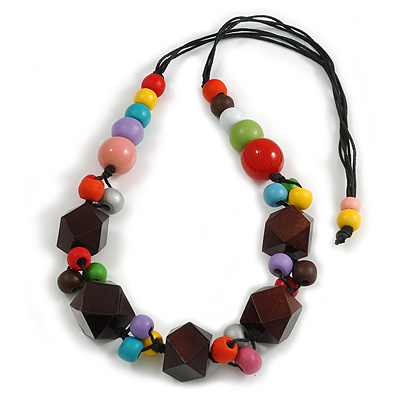 Multicoloured Ceramic/ Wood Bead Cotton Cord Necklace - 80cm Max Length Adjustable - main view