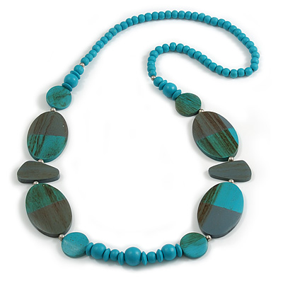 Geometric Painted Wooden Bead Long Necklace Turquoise, Grey - 90cm Long