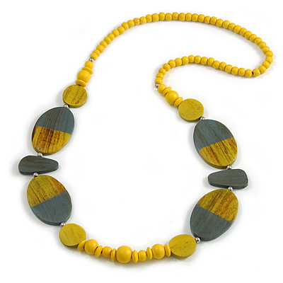 Geometric Painted Wooden Bead Long Necklace Yellow, Grey - 90cm Long - main view