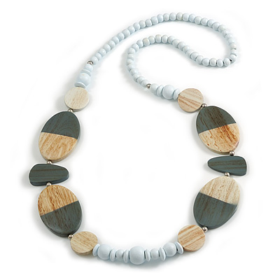 Geometric Painted Wooden Bead Long Necklace White, Antique White, Grey - 90cm Long - main view