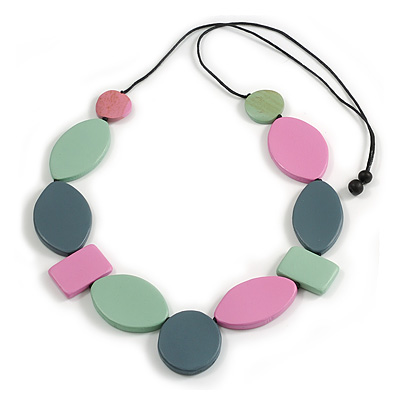 Long Geometric Wood Bead Necklace with Black Cotton Cord in Mint/Grey/Pink - 110cm Max/Adjustable - main view