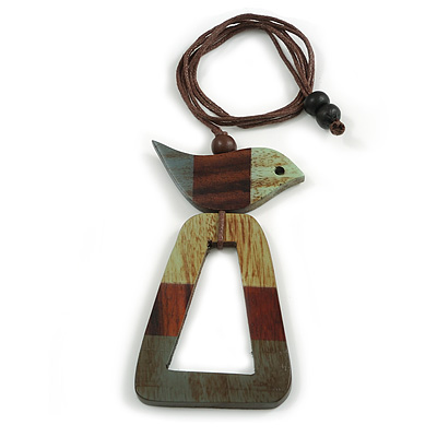 Mint/Brown/Grey Bird and Triangular Wooden Pendant Brown Cotton Cord Long Necklace - 90cm L/ 11cm Pendant - main view