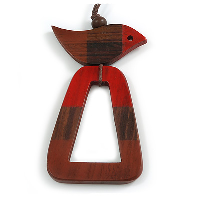 Red/Brown Bird and Triangular Wooden Pendant Brown Cotton Cord Long Necklace - 90cm L/ 11cm Pendant - main view