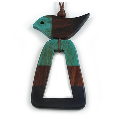 Turquoise/Brown/Dark Blue Bird and Triangular Wooden Pendant Brown Cotton Cord Long Necklace - 90cm L/ 11cm Pendant