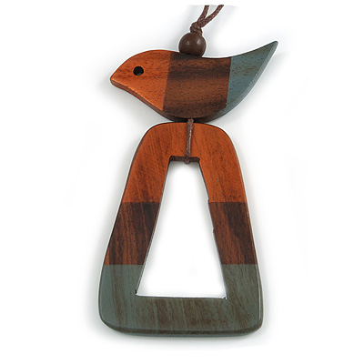 Bronze/Brown/Grey Bird and Triangular Wooden Pendant Brown Cotton Cord Long Necklace - 90cm L/ 11cm Pendant - main view