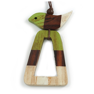 Lime Green/Brown/Antique White Bird and Triangular Wooden Pendant Brown Cotton Cord Long Necklace - 90cm L/ 11cm Pendant - main view
