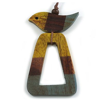 Antique Yellow/Brown/Grey Bird and Triangular Wooden Pendant Brown Cotton Cord Long Necklace - 90cm L/ 11cm Pendant - main view